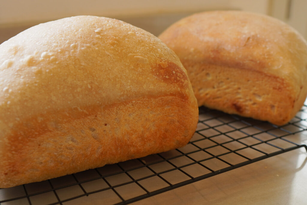 Two loaves of perfectly cooked sourdough sandwich bread sit on a wire cooling rack on a white countertop
